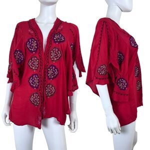 Lela Sky Women Size S Red Floral Embroidered Kimono Cardigan Coverup Resortwear